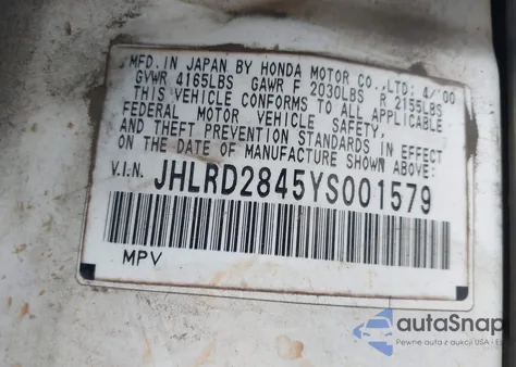 2000 Honda Cr-V Lx z USA, uszkodzony, nr VIN JHLRD2845YS001579